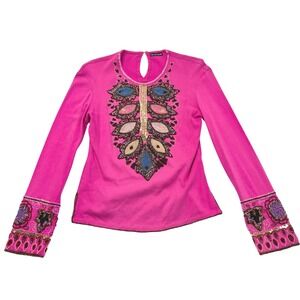 Vintage Y2k Christiana Beaded Embellished Pink Long Sleeve Cotton Top M